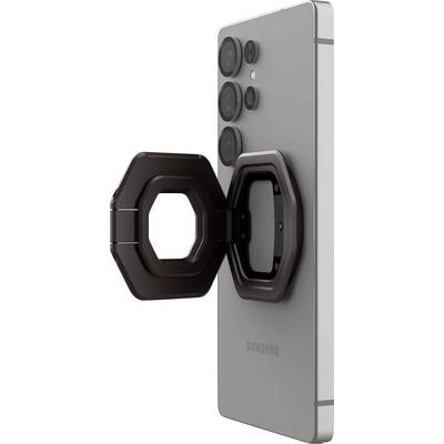 En smartphone med et multi-linset kamera vises med et usædvanligt tilbehør i en metallisk farve. Tilbehøret synes at være et specielt linse- eller filterudstyr placeret i alignment med enhedens kameralinser.