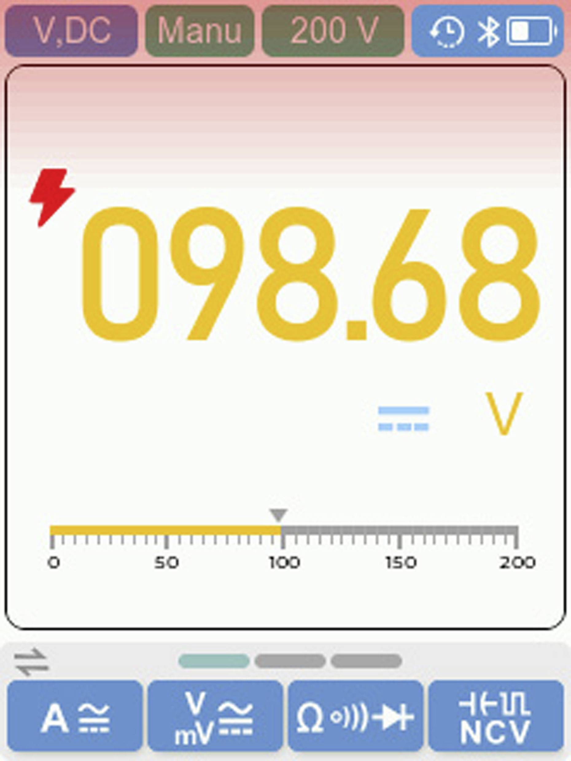 Digital display med '098.68 V', der viser måleenheder for spænding og muligheder for manuel tilstand, 200 V-indstilling og jævnstrømsmåling.