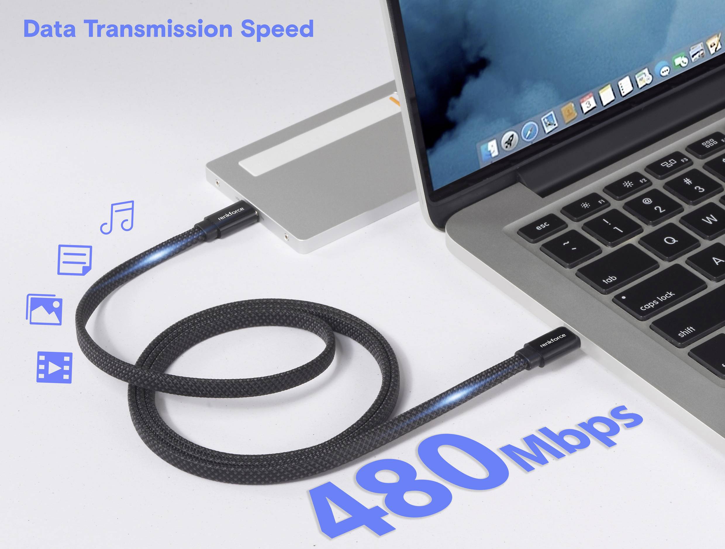 En sort kabel forbinder en bærbar computer til en kortlæser og viser 'Dataoverførselshastighed 480 Mbps' ved siden af ikoner for musik, fotos og videoer.