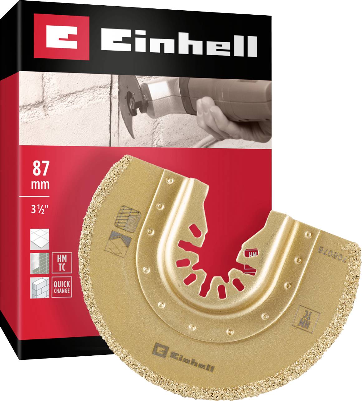 Emballage til en Einhell savblade, 87 mm, med gylden klinge og hurtigudskiftningsfunktion, egnet til murværk.