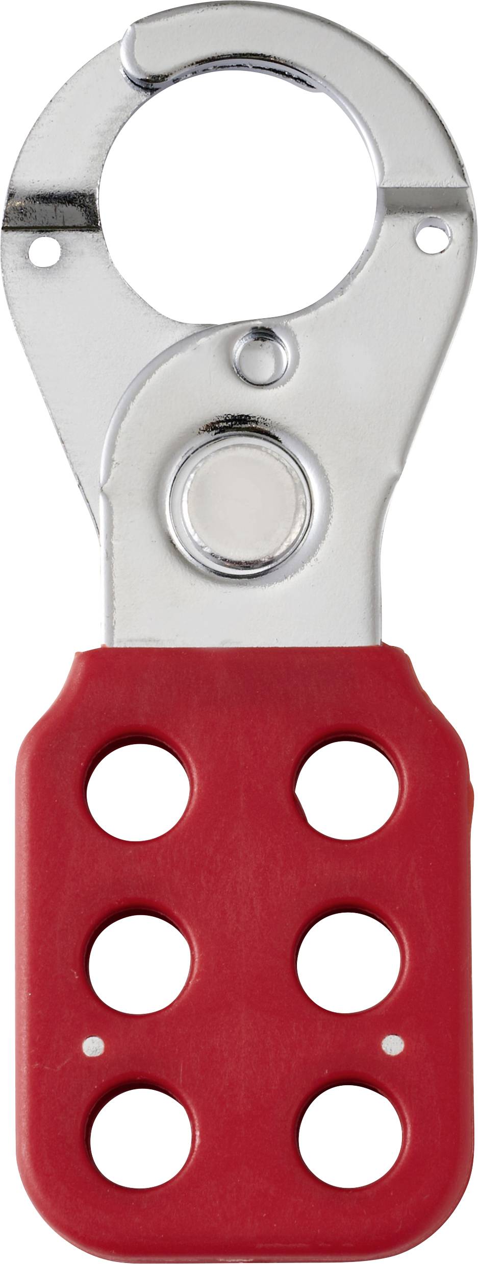 En metalspærrebeslag med et rødt håndtag, der har seks huller, bruges til at fastlåse låse under vedligeholdelse for at sikre, at maskineriet forbliver slukket.