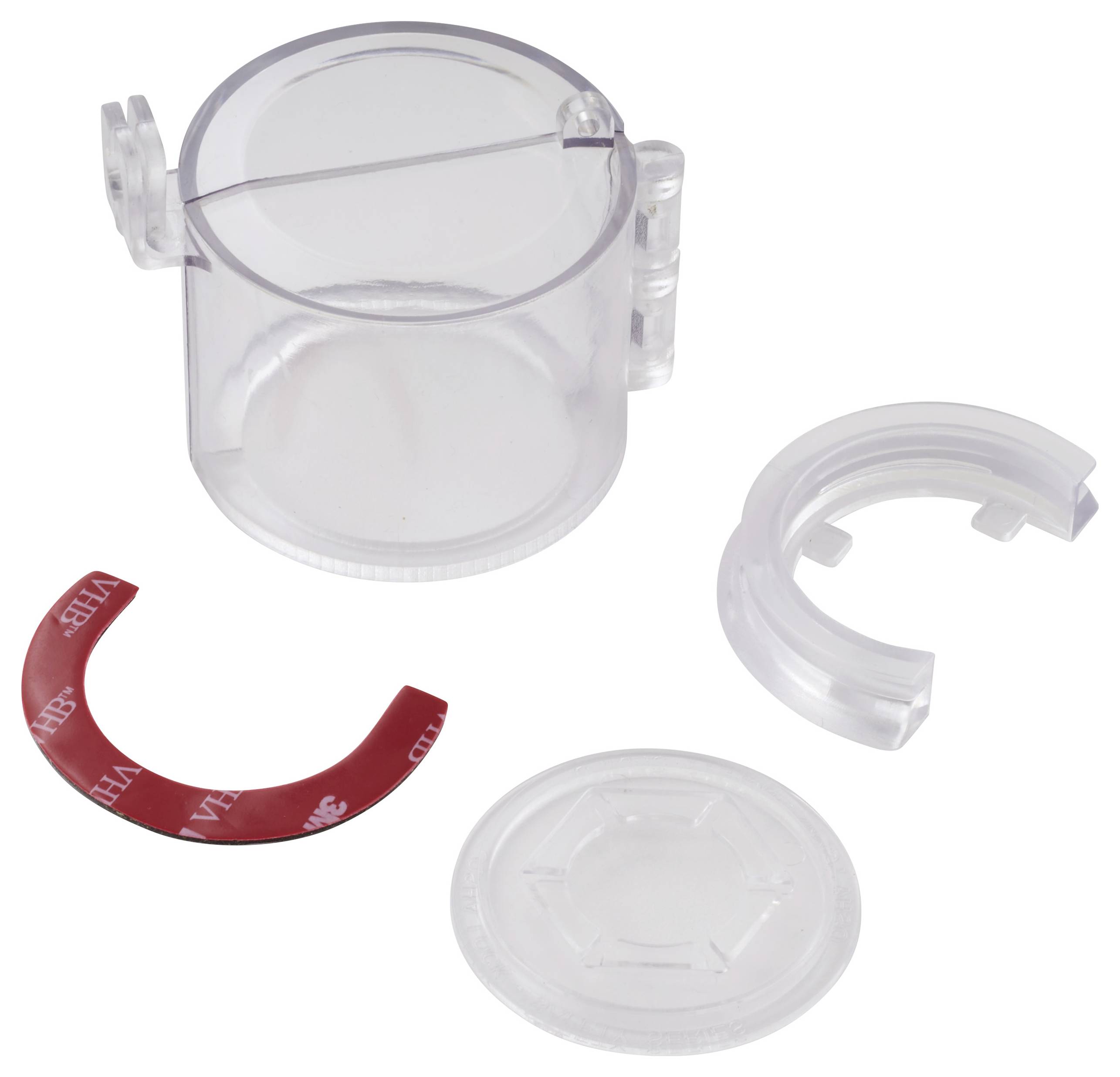Klar plastikbeholder i to dele med cirkulær beholder, aftagelig låg og rød forseglingsring, bruges til sikker opbevaring eller beskyttelse.