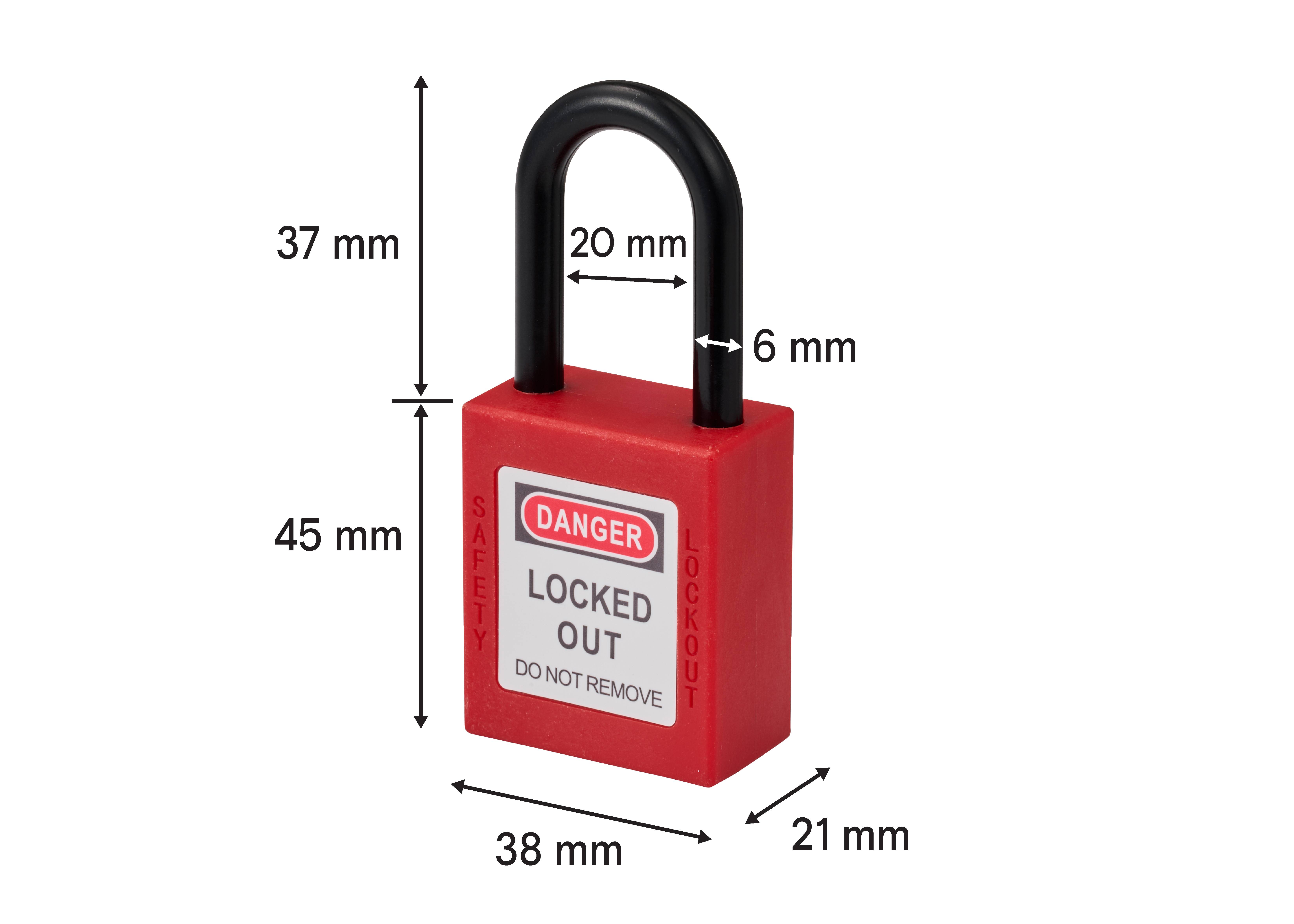 Rød sikkerhedslås mærket 'FARE AFLÅST - MÅ IKKE FJERNES', med mål: krop 45x38x21 mm, bøjle 20 mm bred, 37 mm høj.