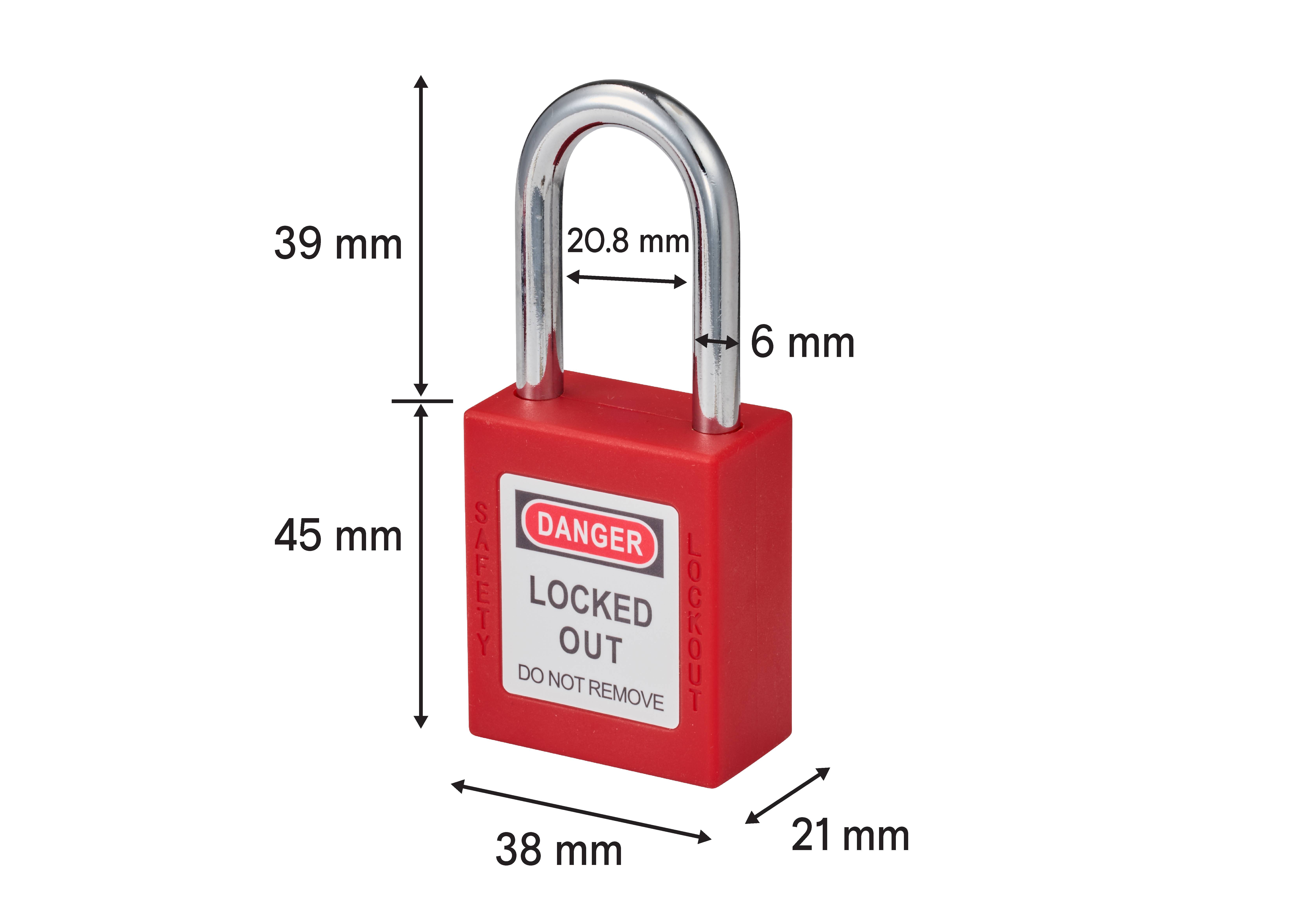 En rød låsepadlock mærket 'FARE LÅST UDE MÅ IKKE FJERNES' med dimensioner: 45 mm højde, 39 mm krop, 21 mm tykkelse, 20,8 mm låsebøjle.