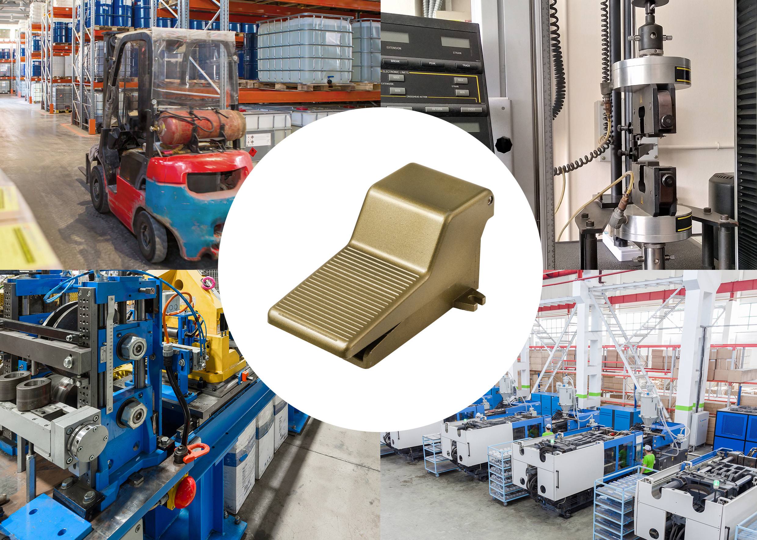 Et kollage der viser en metalpedal i centrum, omgivet af billeder af industrielle maskiner og et fabriksmiljø.