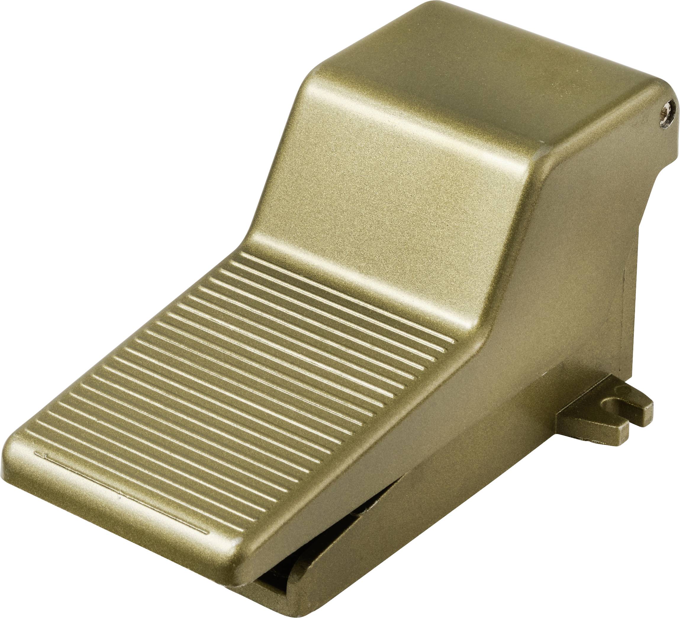 En bronzet, kileformet dørstopper med riflet overflade, som er designet til at holde døre åbne.