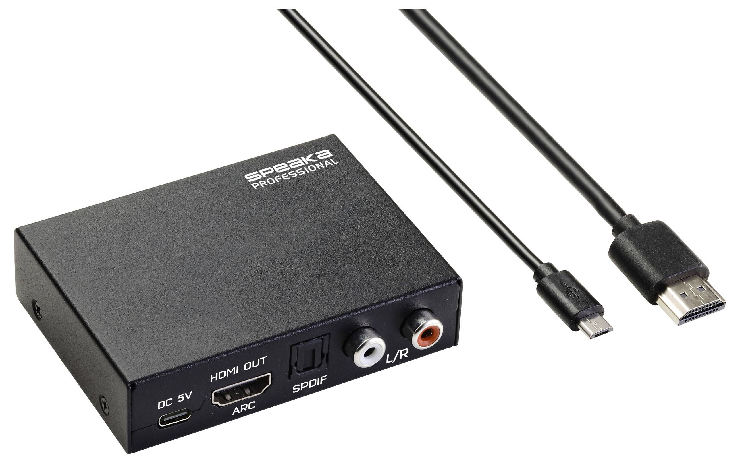'SpeaKa Professional HDMI-konverter med porte til DC 5V, HDMI-udgang, SPDIF, L/R-lyd og et kabel med HDMI- og micro HDMI-stik.'