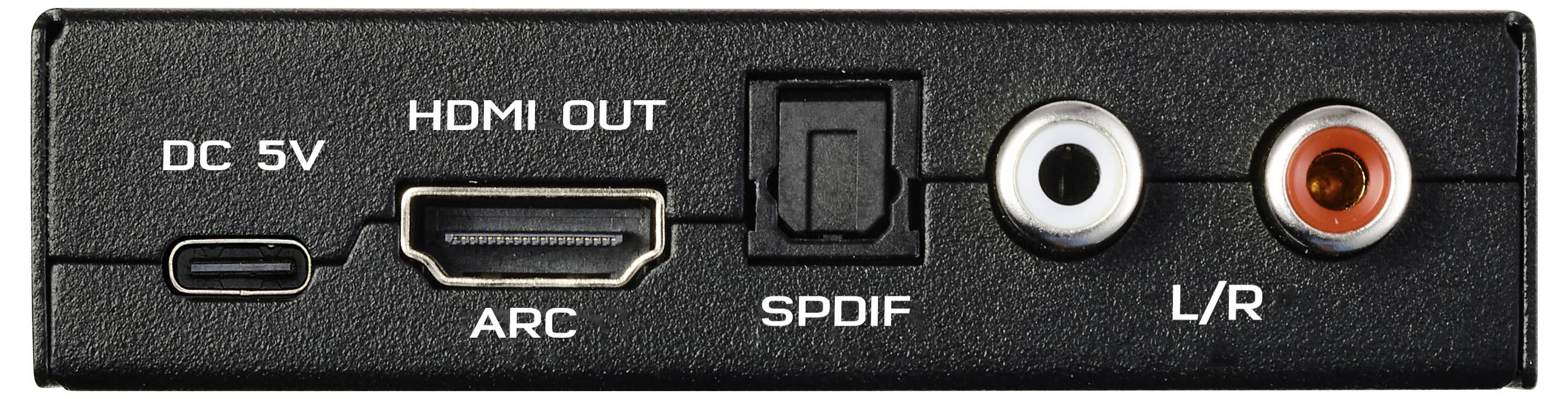 'Bagpanel på elektronisk enhed, der viser porte fra venstre mod højre: DC 5V, HDMI OUT (ARC), SPDIF, L/R lydudgange.'