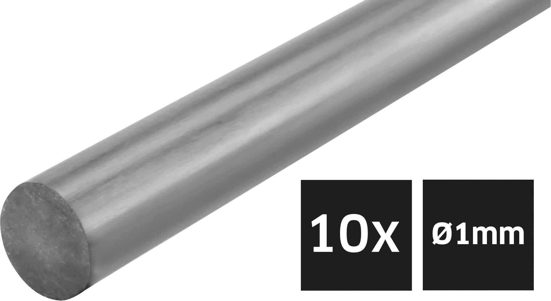 En metalstang med et cirkulært tværsnit er vist. To etiketter angiver '10x' og 'Ø1mm', hvilket antyder en pakke med ti stænger med en diameter på 1 mm.