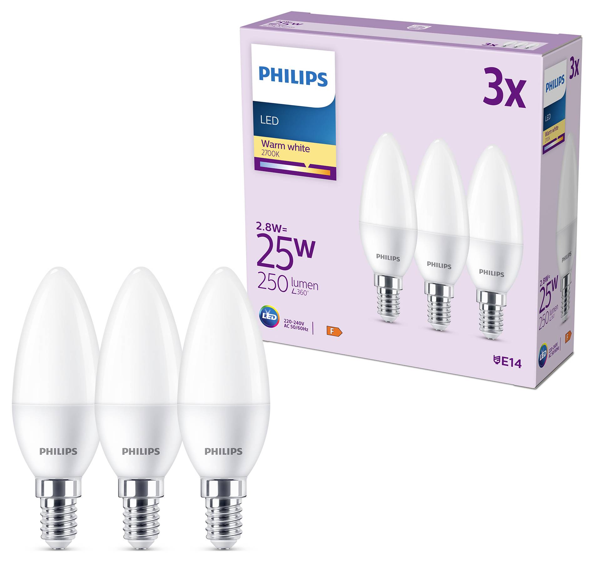Philips 8719514460034 LED (RGB)-lamp EEK F (A - G) E14 Lysform 2.8 W = 25 W Varmhvid 3 stk-1