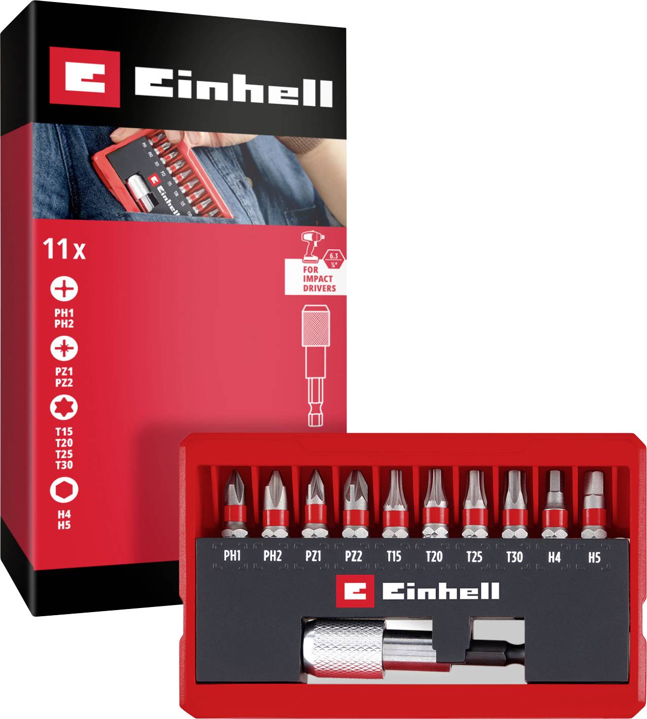 Einhell Bit Taschenbox 11tlg 118663 Bitsæt PH, PZ, Unbrako, TX inkl. bitholder-0