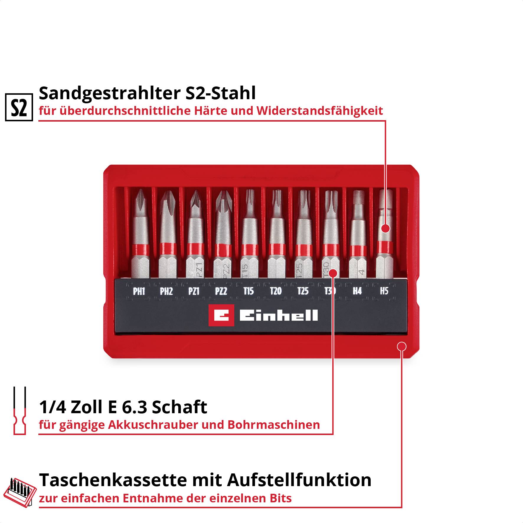 Einhell Bit Taschenbox 10tlg 118643 Bitsæt PH, PZ, Unbrako, TX-1