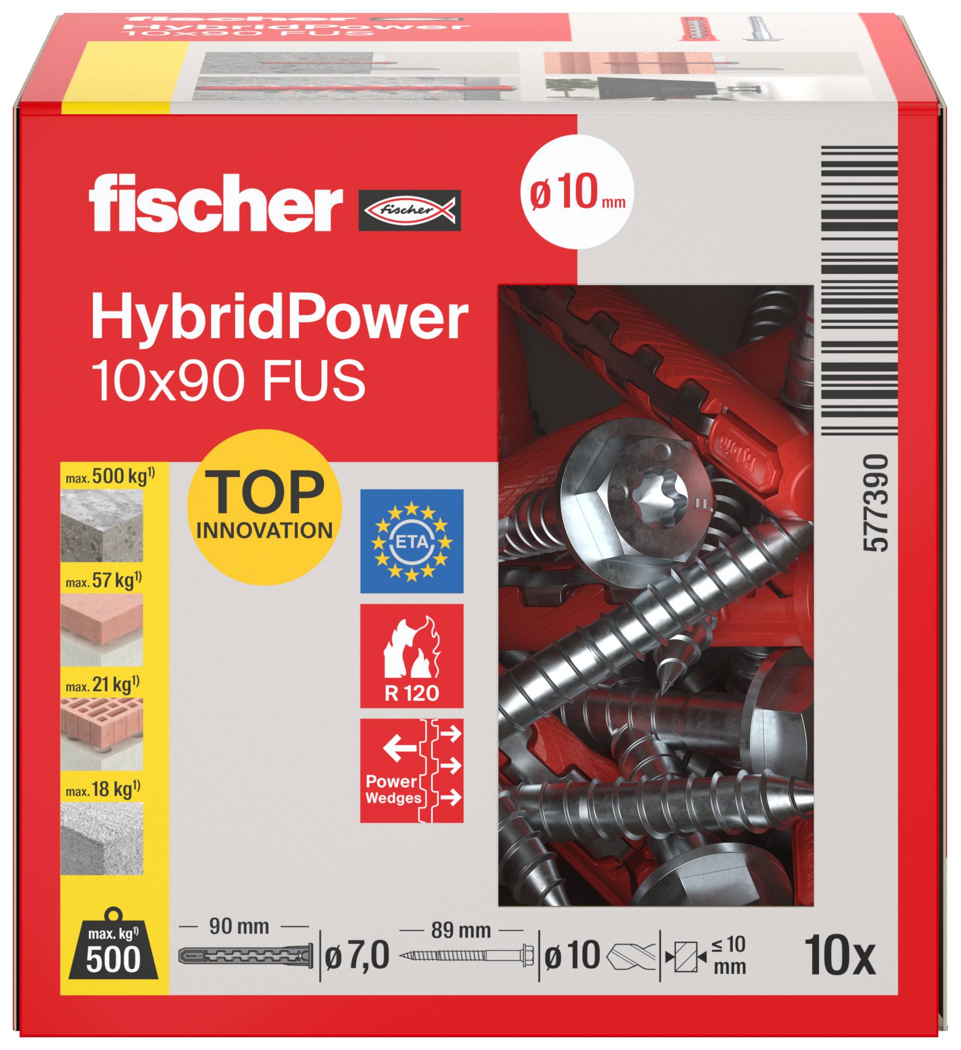 Fischer HybridPower 10x90 FUS ankerpaket i rød og hvid, viser produktbillede, størrelse ø10 mm og belastningsklassifikationer op til 500 kg.