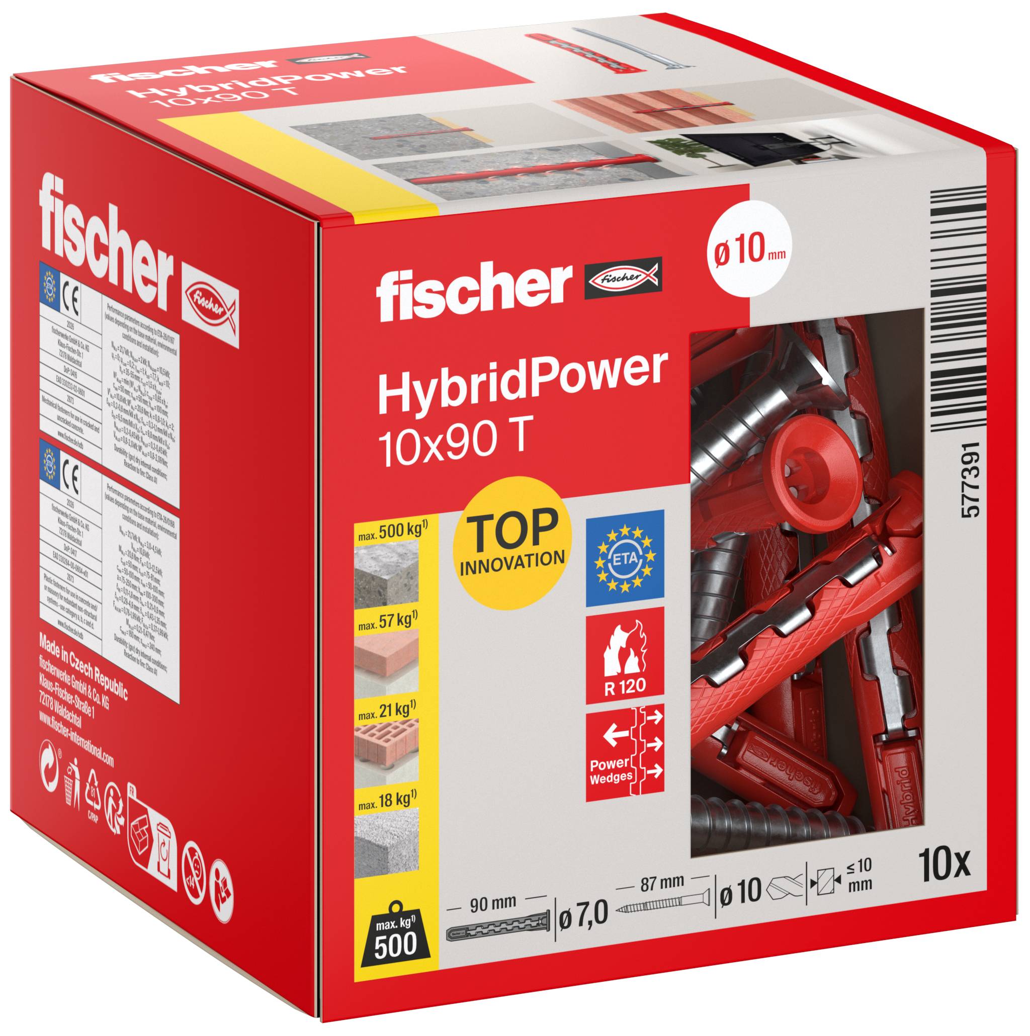 Æske med fischer HybridPower 10x90 T vægankre, rødt emballage med produktillustration og 10-styk angivet på pakken.