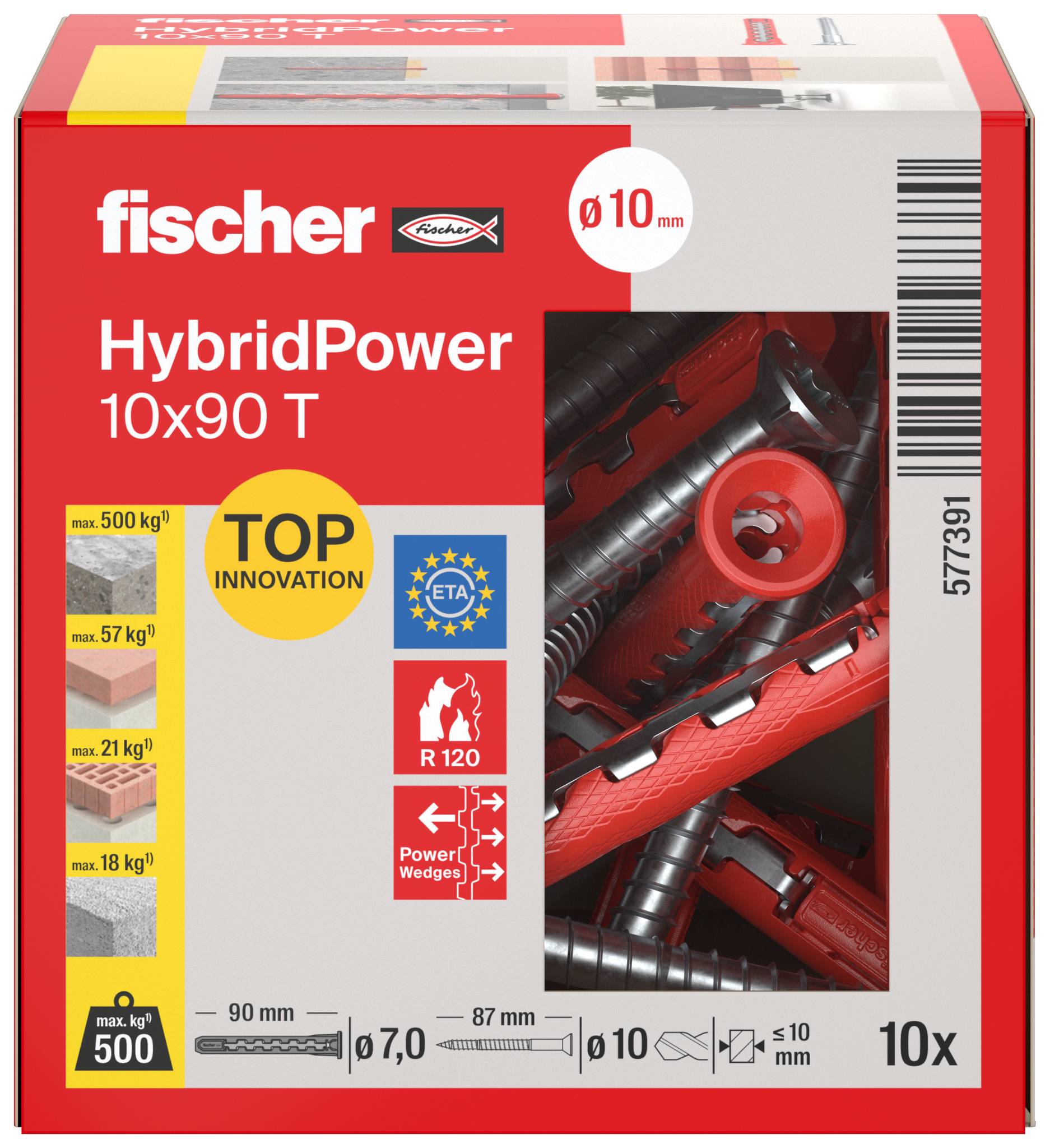 Fischer HybridPower 10x90 T ankerbox, viser et rødt anker med størrelse ø10 mm, 10-stykkers pakke, og belastningskapacitet op til 500 kg.