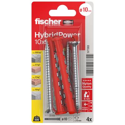 Pakke med Fischer HybridPower vægankre, 10 mm diameter, 4-pak, mærket 'Nylon Quality' og 'Power-FX' med belastningsklassifikationer for murværk og gipsplader.
