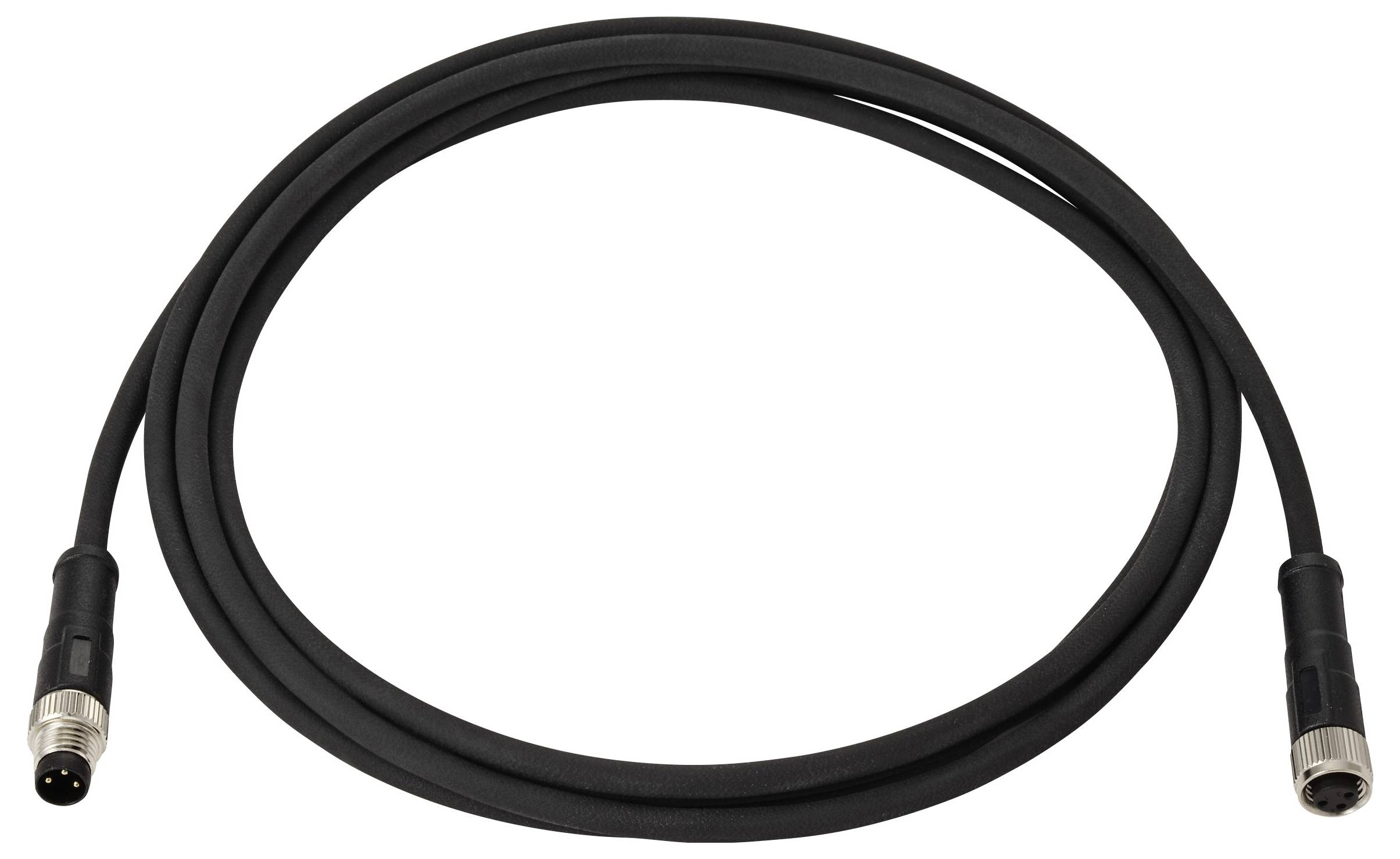 Et 3-benet XLR-kabel med hanstik til hunstik, sort afskærmning og metalforbindelser.