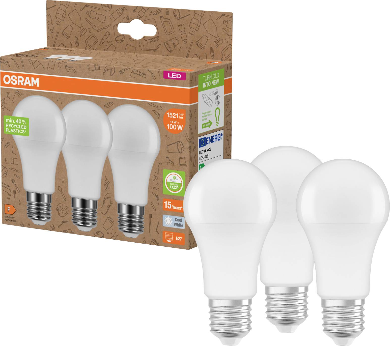 OSRAM LED-pærer pakke med tre pærer vist, mærket 15W, 1521 lumen og 100W ækvivalent.