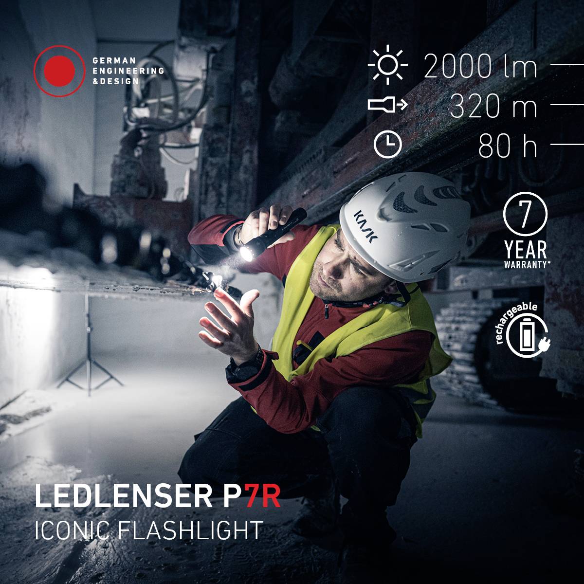 Arbejder med hjelm inspicerer en LED-lommelygte i et mørkt, industrielt miljø. Tekst: 'LEDLENSER P7R Ikonisk lommelygte'. Symboler viser lysstyrke og garanti.