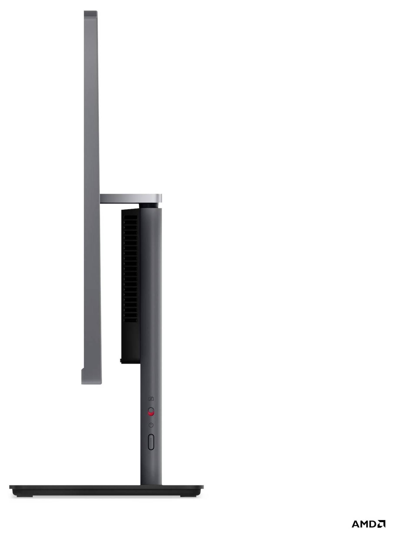 Sidevisning af en slank sort computerskærm med et minimalistisk stativ, der viser en elegant design og kompakt konstruktion.
