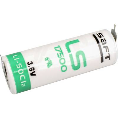 En cylindrisk 'Saft' LS 17500 3,6V Li-SOCl2 batteri.