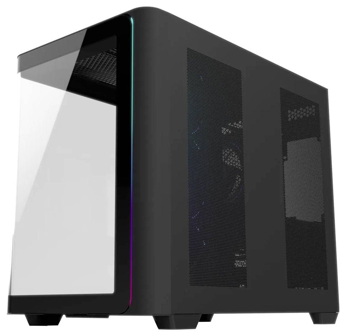 En strømlinet, sort computertårn med en gennemsigtig sidepanel og diskret RGB-belysning langs kanten.