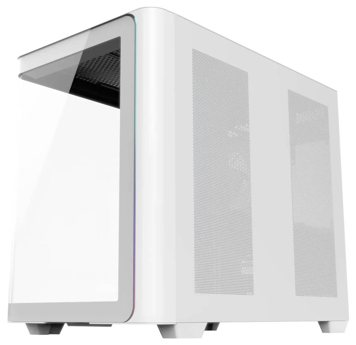 Et strømlinet hvidt computerhus med en gennemsigtig sidepanel og diskret RGB-belysning, der viser en moderne og minimalistisk design.