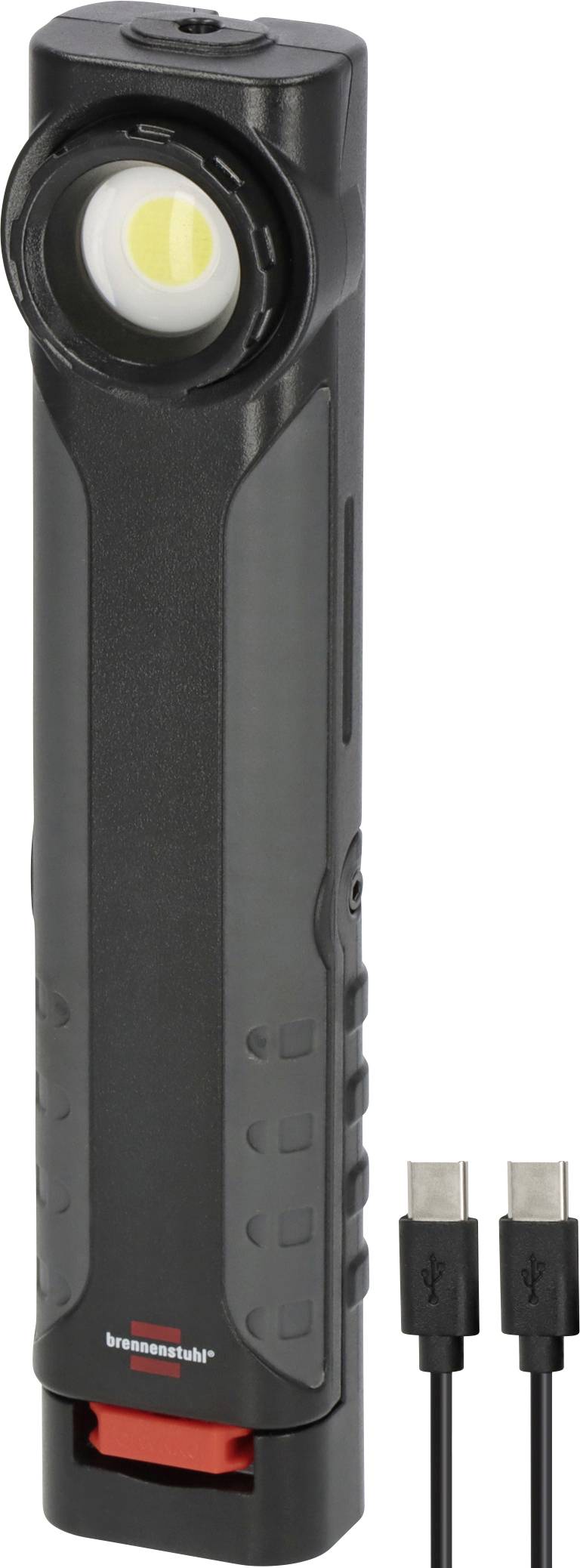 Sort genopladeligt håndholdt blinklys med et stort LED-lys og to USB-C-opladningskabelerer ved siden af det