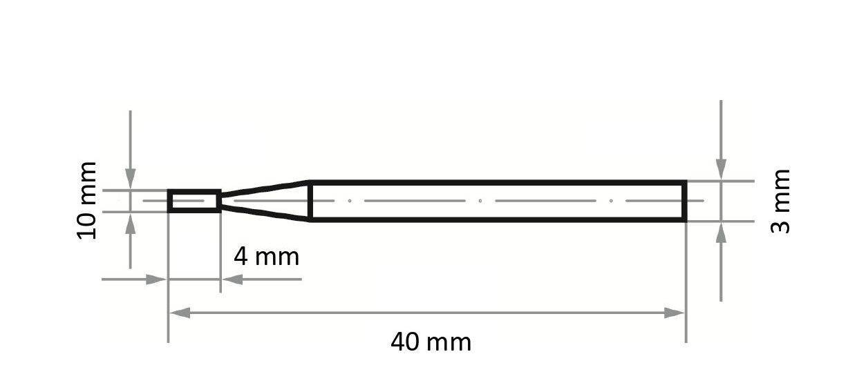 Teknisk tegning af cylindrisk objekt:<br>Samlet længde: 40 mm<br>Bredde ved den ene ende: 4 mm<br>Bredde ved den modsatte ende: 3 mm<br>Længde ved største bredde: 10 mm<br>Gradvis afdrejning fra 4 mm til 3 mm over resterende 30 mm