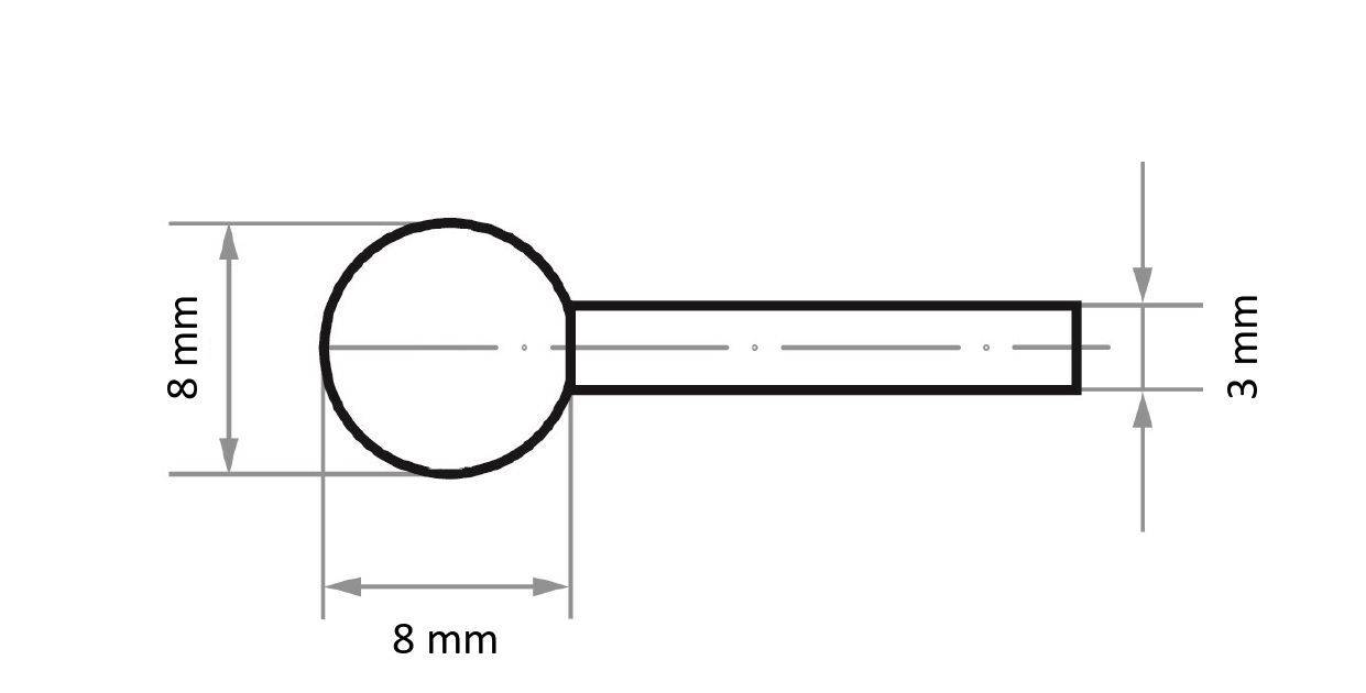 Teknisk tegning af en cylindrisk genstand med cirkulær top-visning. Cirklen har en diameter på 8 mm. Cylinderens længde er 8 mm og dens bredde er 3 mm.