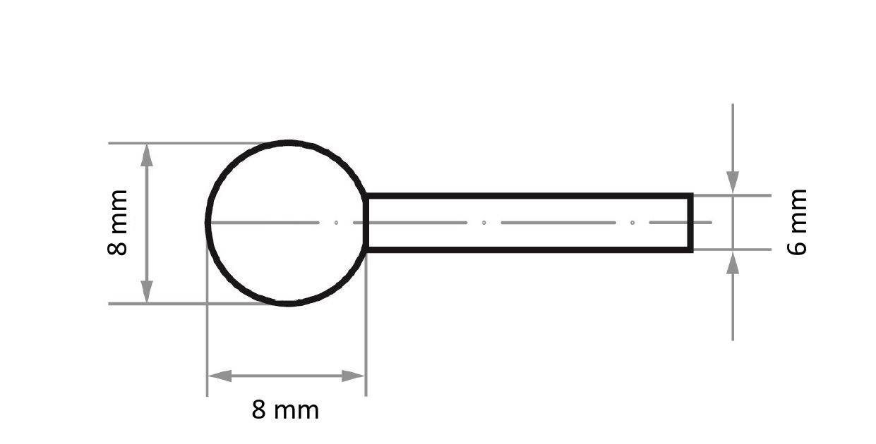 Diagram af en stang med et cirkulært hoved. Hoveddiameter: 8 mm; skaftlængde: længere end hovedet, 6 mm i diameter.