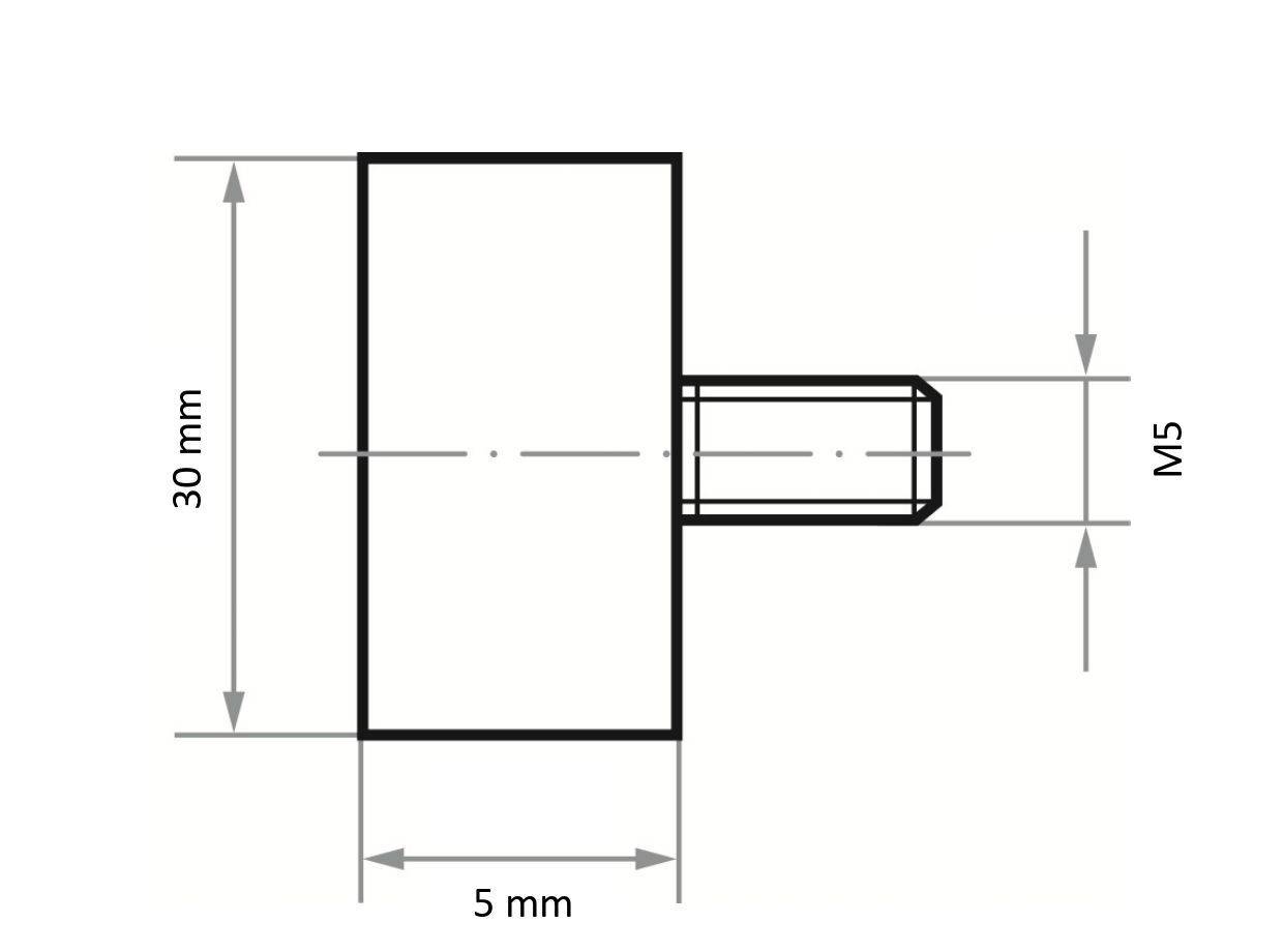Teknisk tegning af en T-formet komponent med dimensioner på 30 mm højde, 5 mm bredde og mærket M5 på sideprojektionen.
