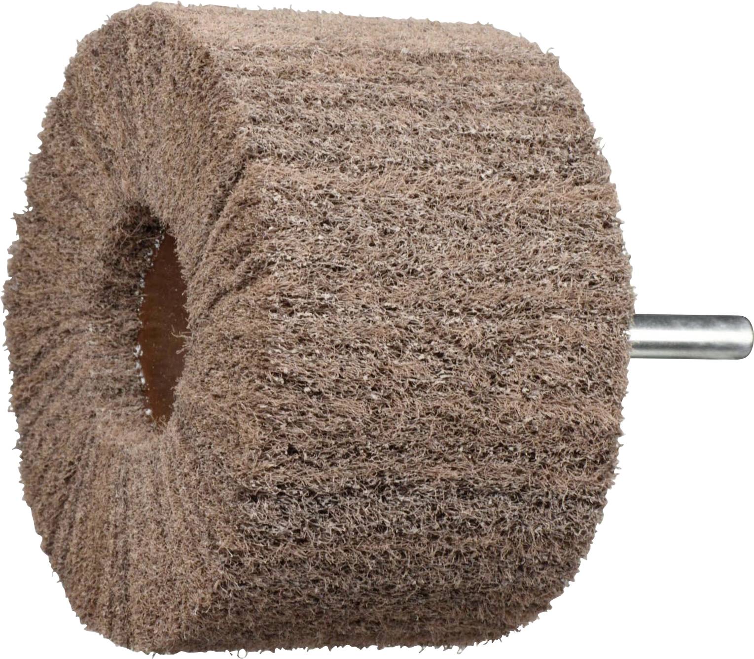 En cylindrisk slibeskive med en struktureret overflade, fastgjort til en metalstang, som bruges til at polere eller slibbe materialer.