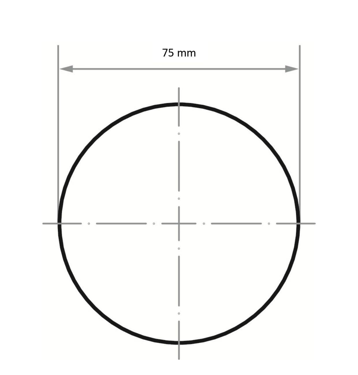 En cirkel med en diameter mærket som 75 mm. Sigtekorset skærer hinanden i cirklens centrum, hvilket indikerer præcise målinger.