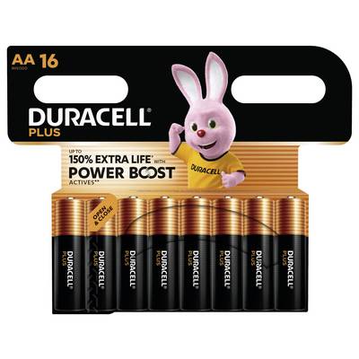 Pakke med Duracell Plus AA-batterier med Duracell-kaninen på emballagen, der fremmer op til 150% ekstra levetid med Power Boost.