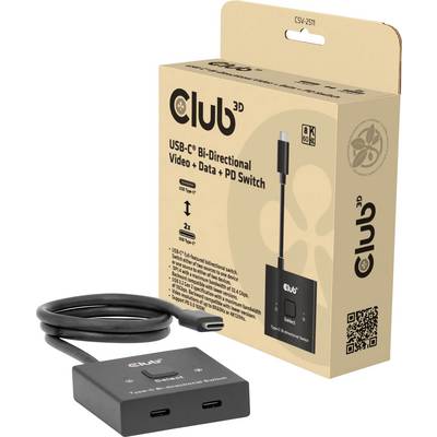 'Club 3D USB-C Bi-Direktionel Video + Data + PD Switch' emballage og switchenhed med to USB-C-porte og forbindelseskabel.