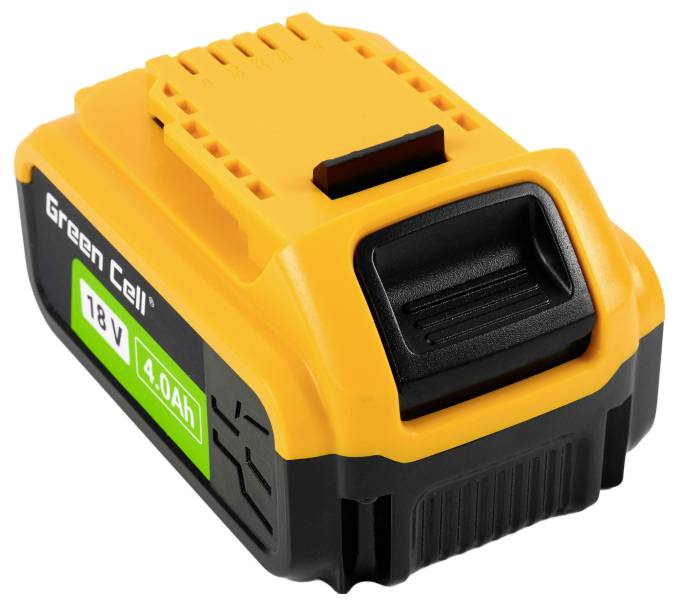 Et gult og sort 'Green Cell' 18V 4,0Ah powerværktøjsbatteri med håndtag og ventileret top, designet til trådløse værktøjer.
