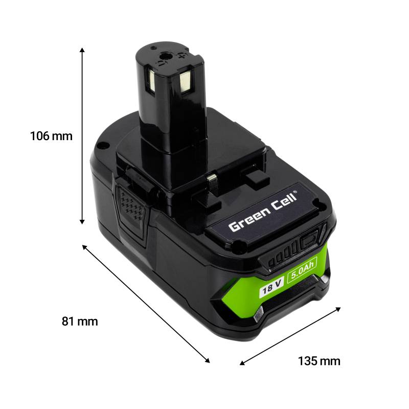 Erstatningsbatteri til el-værktøj' mærket 'Green Cell', 18V, 5,0Ah. Sort kabinet med grønne detaljer. Dimensioner: 106 mm x 81 mm x 135 mm.