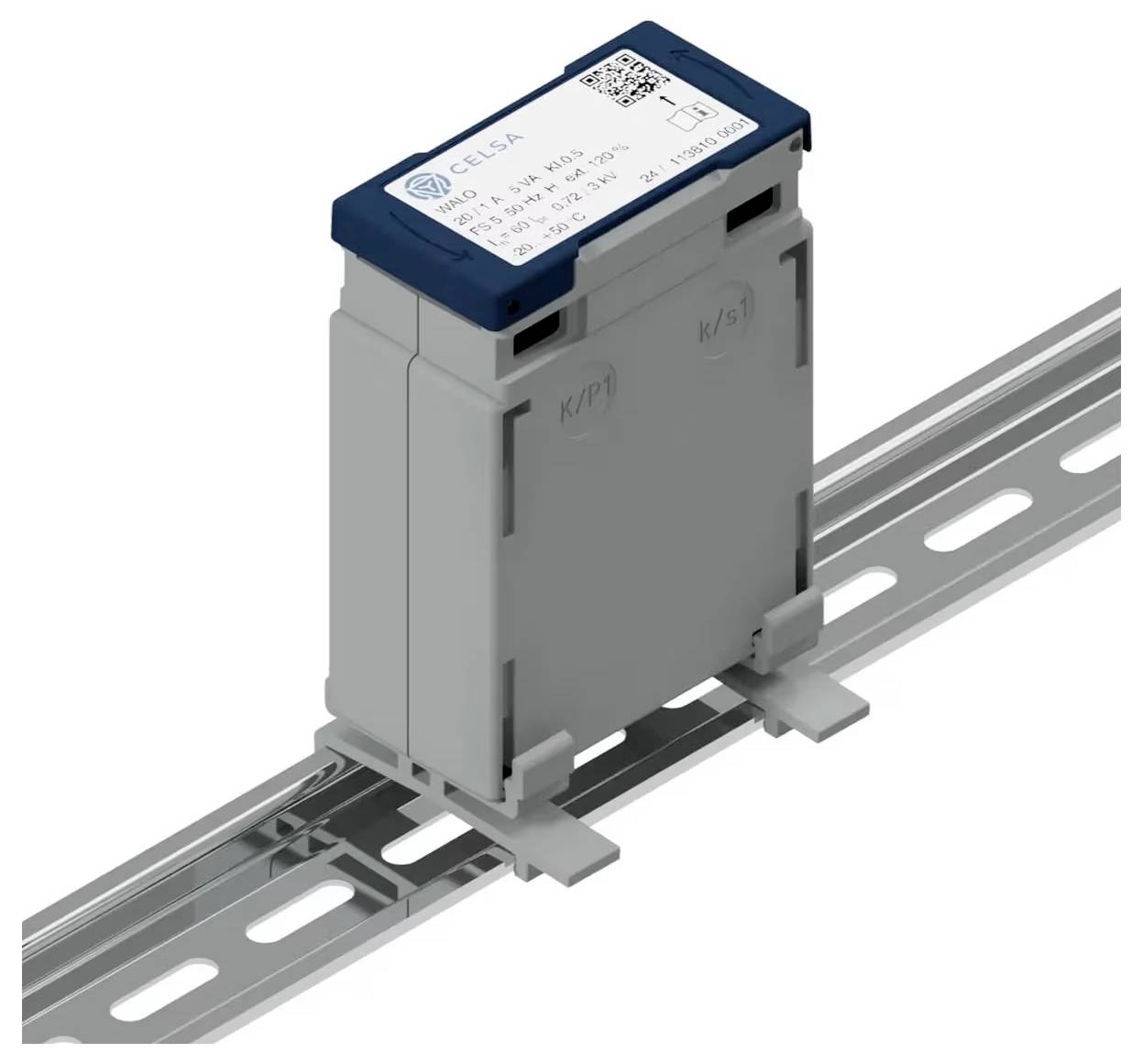 Industriel elektrisk modul monteret på en DIN-skinne, med etiketeret toplåg og grå kabinet