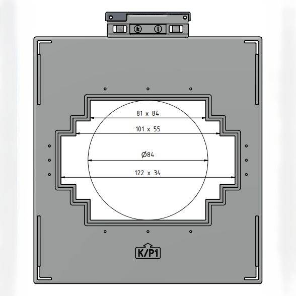 En teknisk tegning af en rektangulær plade med en cirkulær detalje mærket 'Ø84'. Yderligere dimensioner omfatter '81 x 84', '101 x 55' og '122 x 34'.