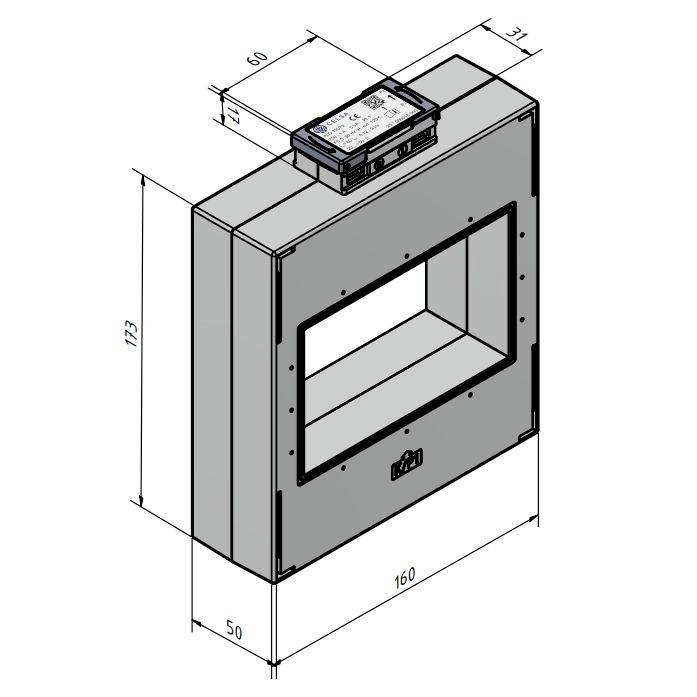 En diagram over en rektangulær metalstruktur med dimensioner: 173x160 mm forfra, 50 mm dybde. En lille enhed er monteret øverst.
