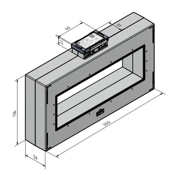 Teknisk tegning af en rektangulær kanal med dimensioner markeret: 236x50 ydre ramme, 260 indre åben sektion, monteret kontrolenhed øverst.