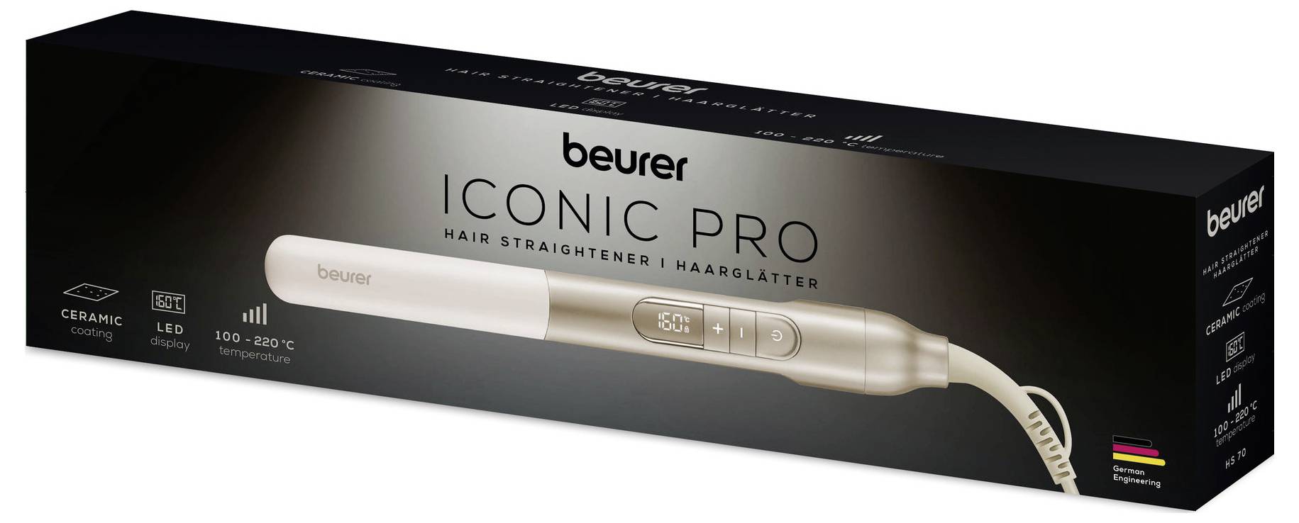 Emballage til Beurer Iconic Pro hårstyler, med produktegenskaber: keramisk, LED-display, temperatur 100-220°C, tysk flag-ikon.