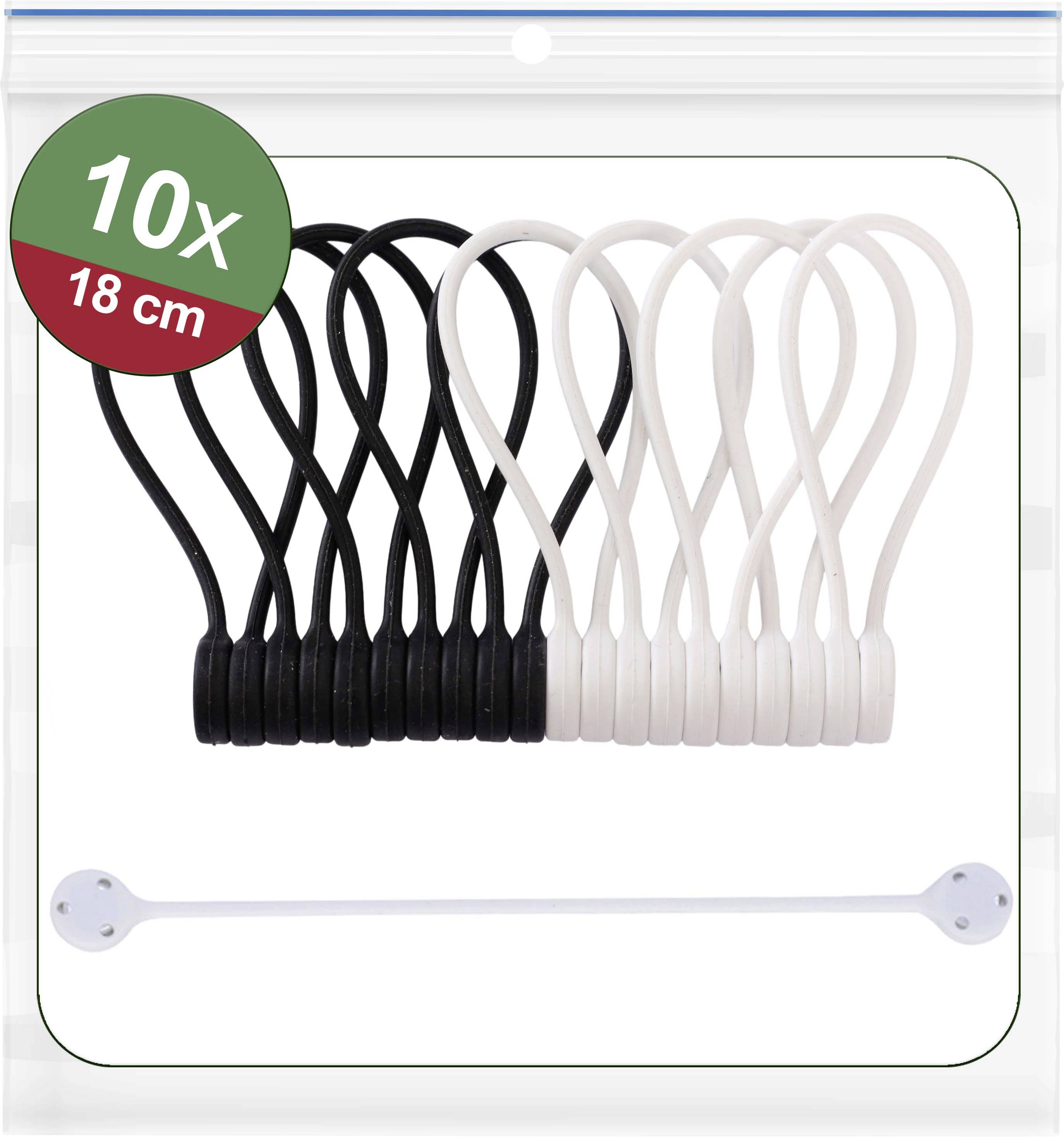 En forseglet pose indeholder 10 fleksible, genanvendelige plastikbånd, 18 cm lange, i sorte og hvide farver.