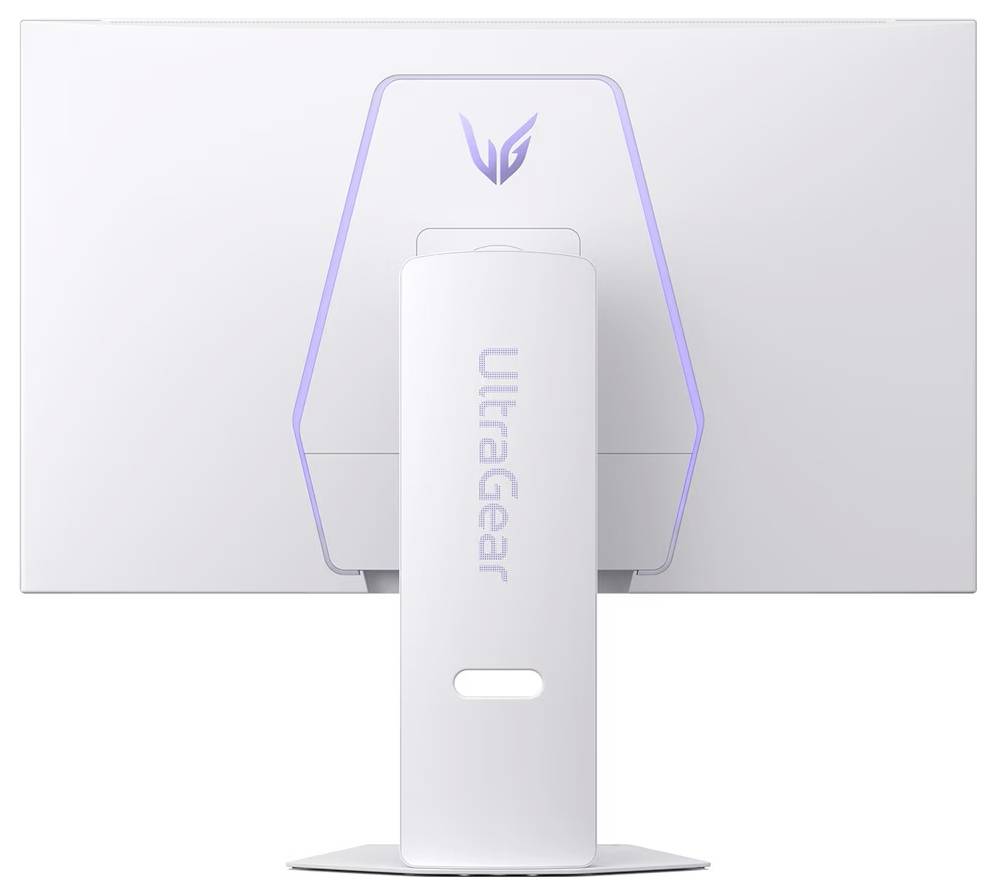 En hvid gaming-skærm set bagfra, med UltraGear-logoet og et sleek, minimalistisk design med en robust stand.