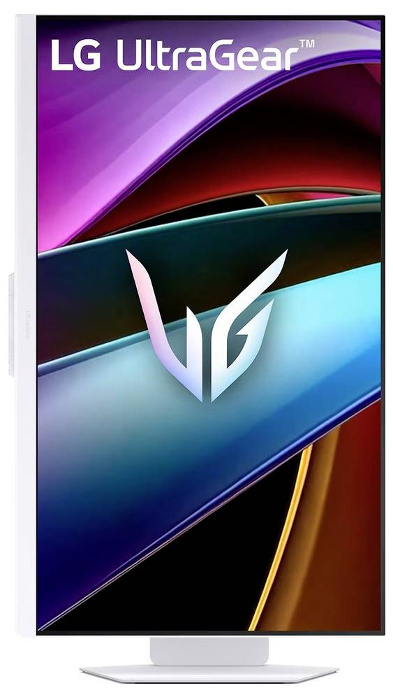 'LG UltraGear' spillerskærm med levende abstrakt design, der viser farverige, dynamiske former og understreger avanceret visuel ydeevne.