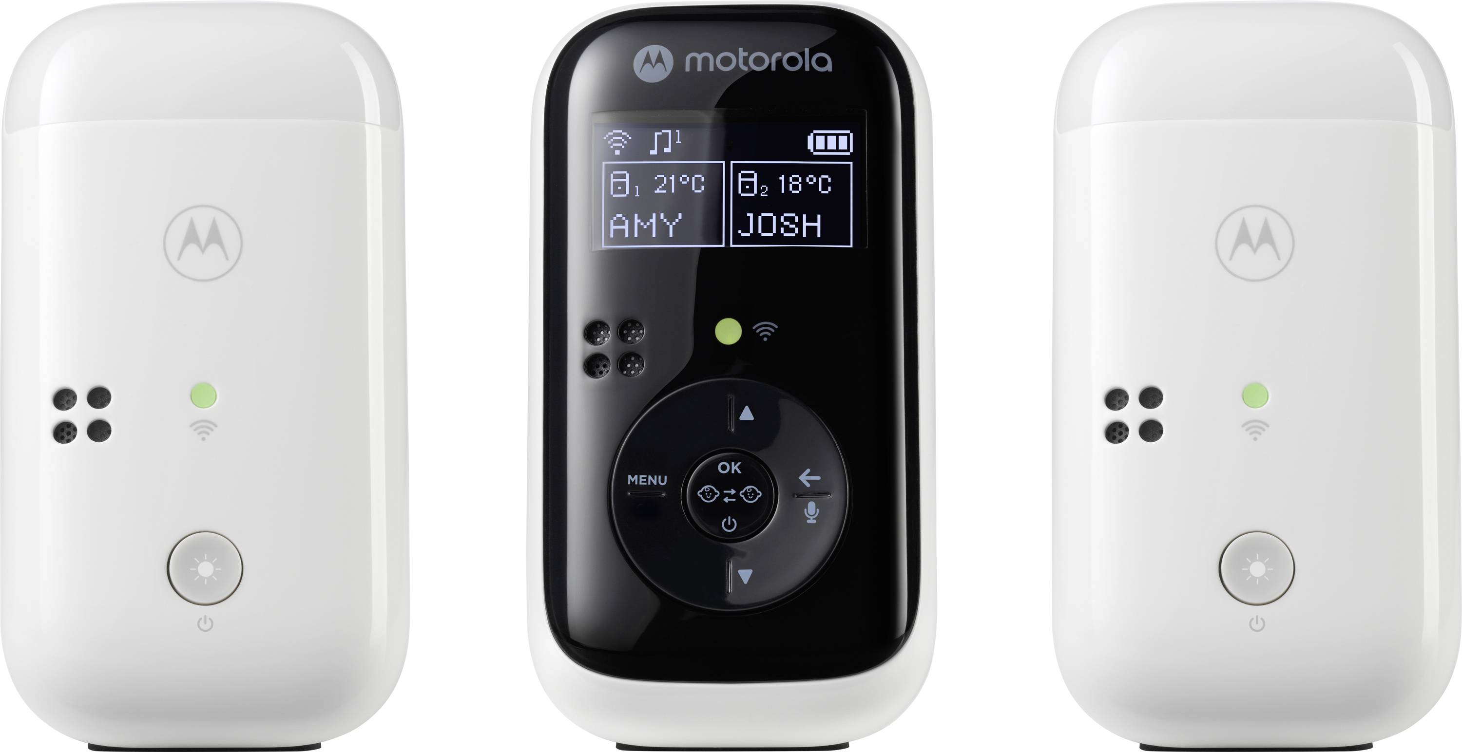 Et sæt på tre Motorola hjemmeenheder, hvor den centrale enhed viser Wi-Fi-forbindelse og rumtemperaturer for 'Amy' ved 21°C og 'Josh' ved 18°C.