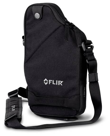Sort FLIR transporttaske med justerbar skulderrem, vist på hvid baggrund.