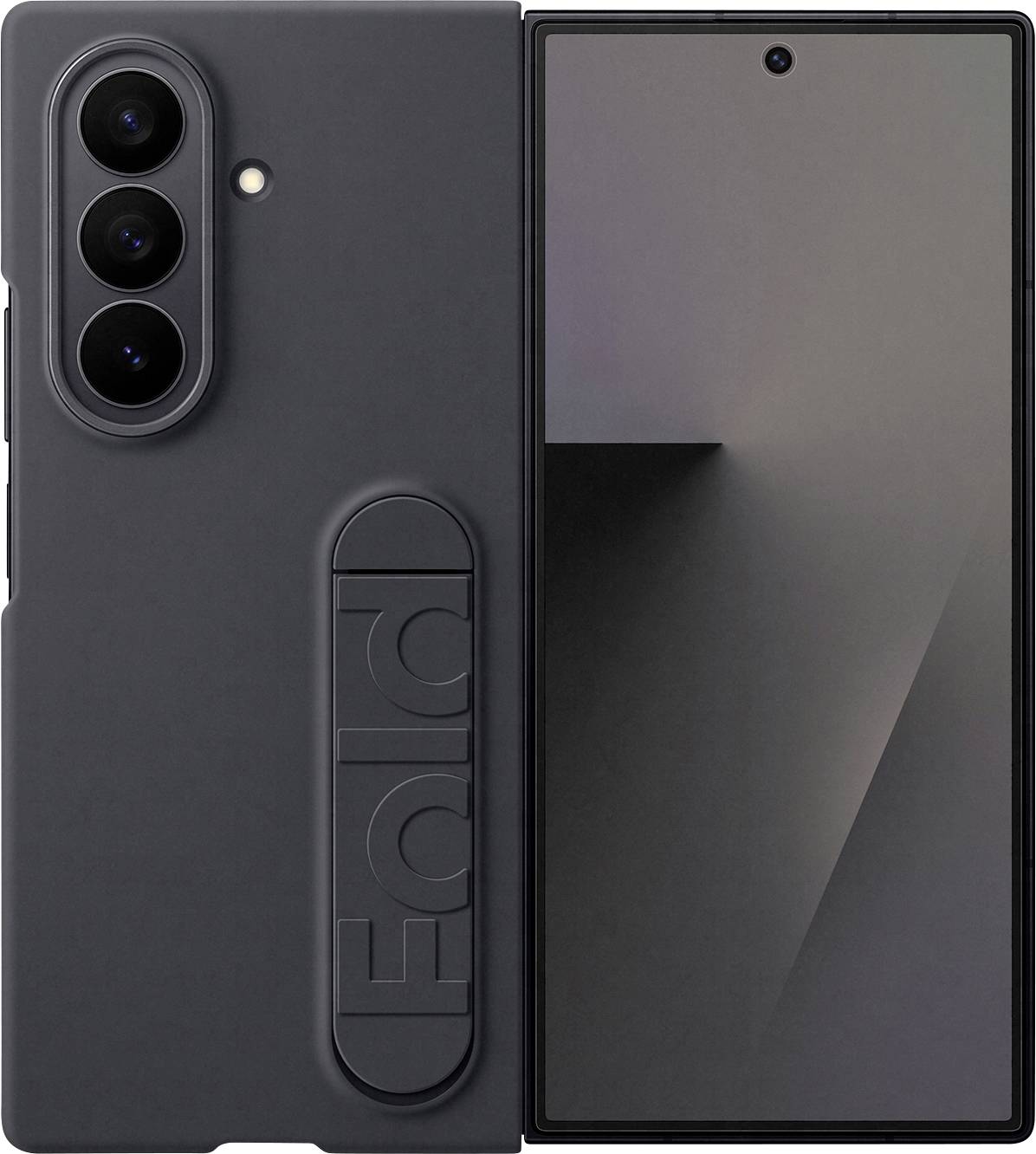 En sort foldbar smartphone vist halvt åben med tre bagkameraer, LED-blitz på bagsiden, og skærmen viser en gradient.