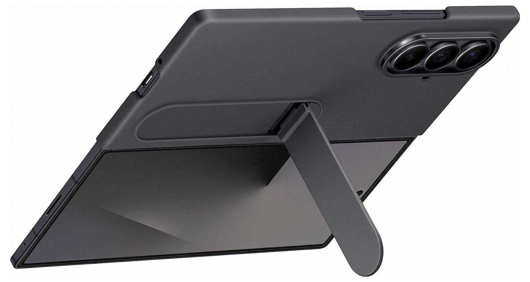 En tablet med et beskyttelsescover og et integreret støtteben er placeret i en vinkel, som viser kameraopsætningen og en del af skærmen.